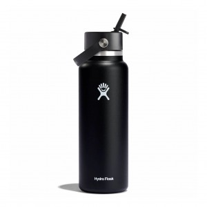 Hydro Flask 40 oz Wide Mouth with Flex Straw Cap Bottles Svarta | IOZHRL-597